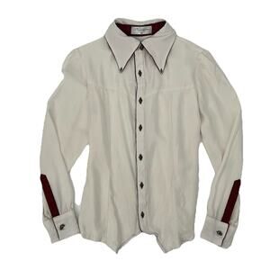 Vintage 70s Western Retro Blouse Ivory Burgundy Trim Skull Chrome Detail Size M